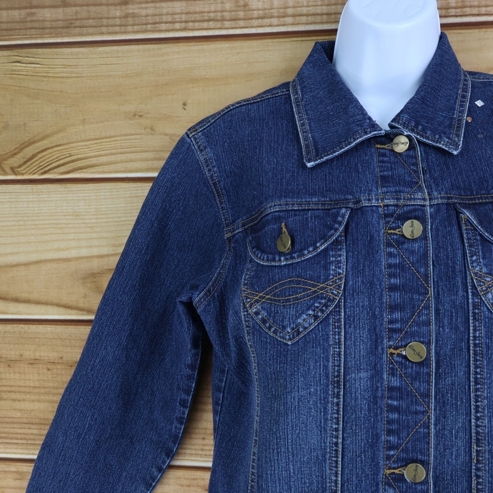Love Jeans Cropped Denim Jacket Womens Size S Blue Dark Wash Rhinestones Pockets - Picture 6 of 8